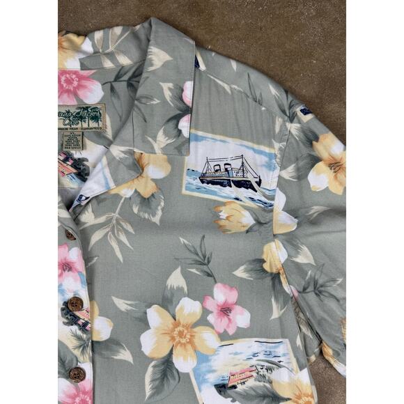 Havana Jack’s Café Hawaiian Shirt Women’s XL Green Floral‎ Boats Tropical - Picture 3 of 8